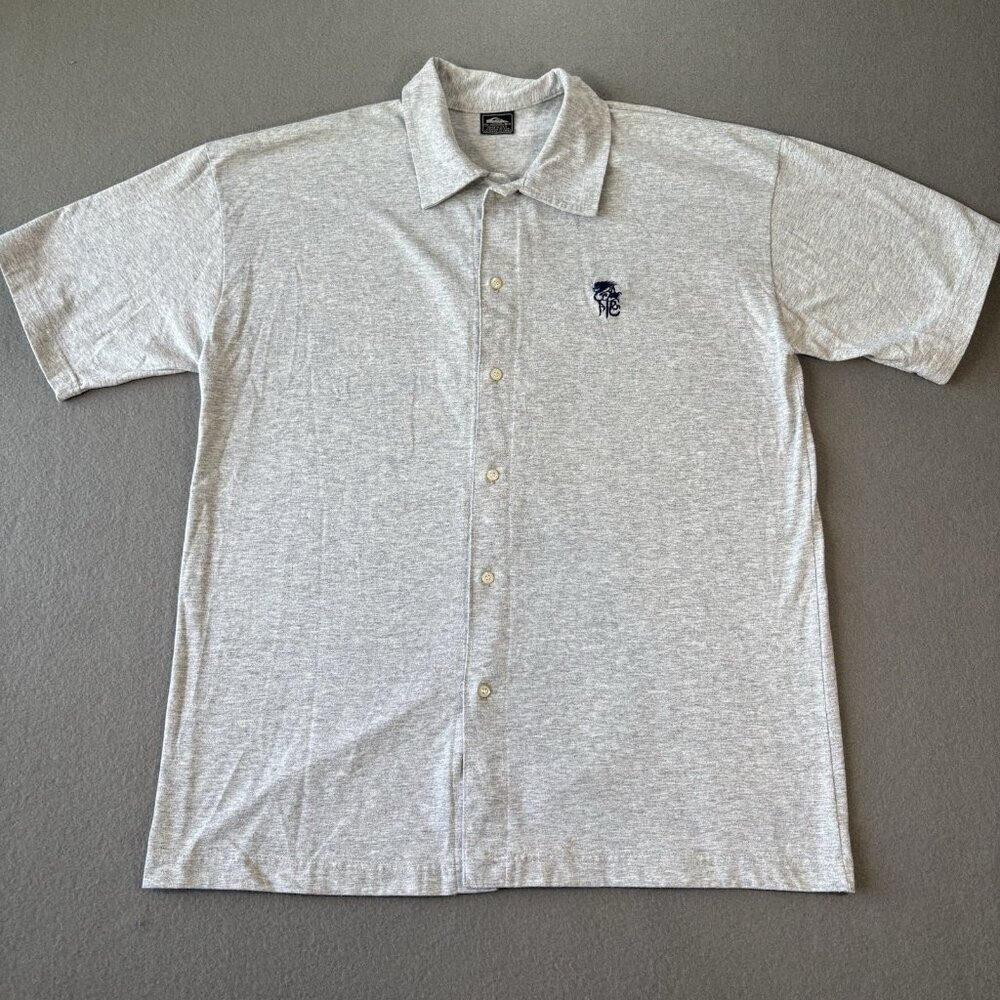 vintage 90s quiksilver Button Up Polo Shirt Mens L Grey Embroidered Japan Logo‎